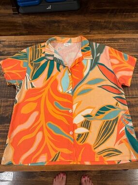 Vitamin A Orange Tropical Leaf Button-Down Shirt with Teal & Cream Accents